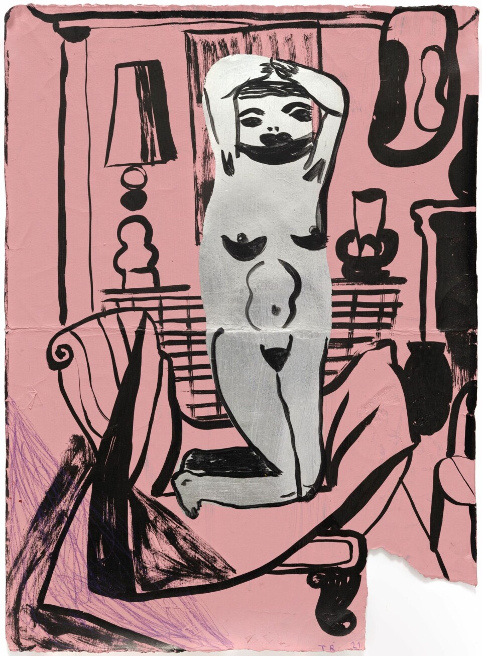 Tal R, ’Hotel Malmø’, farvekridt blæk og bladsølv på papir, 2021.