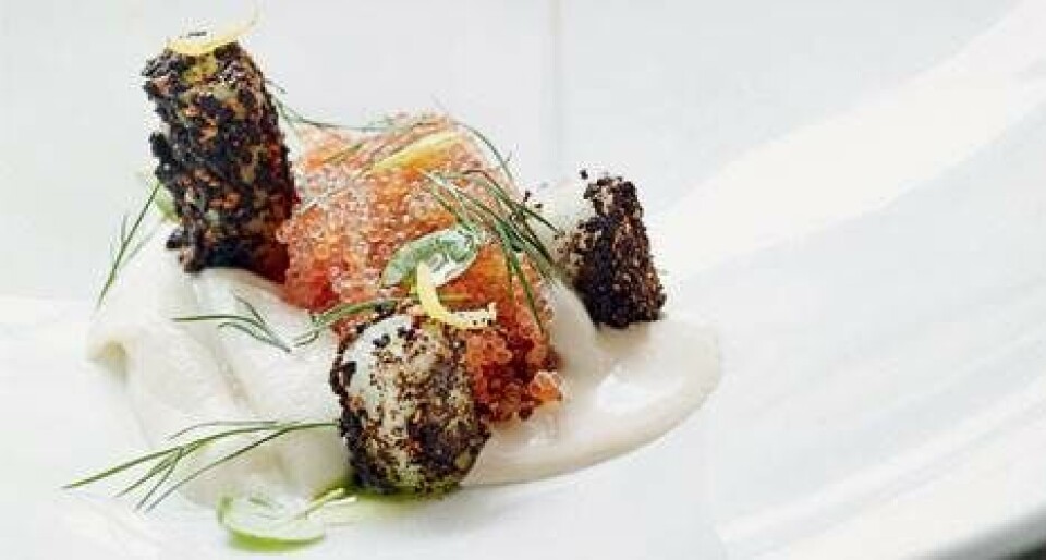 Stenbiderrogn med hasselnød, dild, rygeost