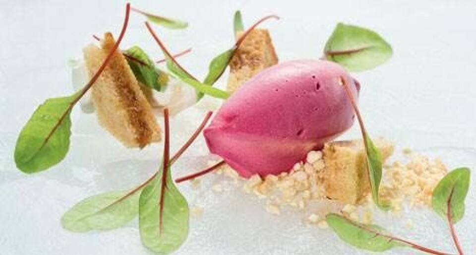 Billede 1 - Rødbedesorbet med friskost og sirupskage