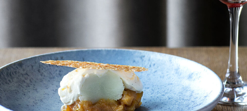 Sådan laver du en moderne, gammeldags æblekage med æblesorbet, mascarponeskum og sprød kageflage
