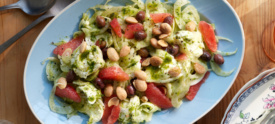 Spark foråret i gang med en frisk fennikelsalat med grapefrugt, mozzerella og saltede mandler