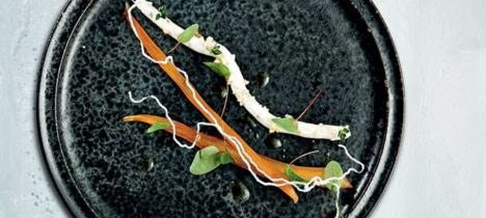 Kandiserede skorzonerrødder med nøddemousse, citrontimian og friterede risnudler