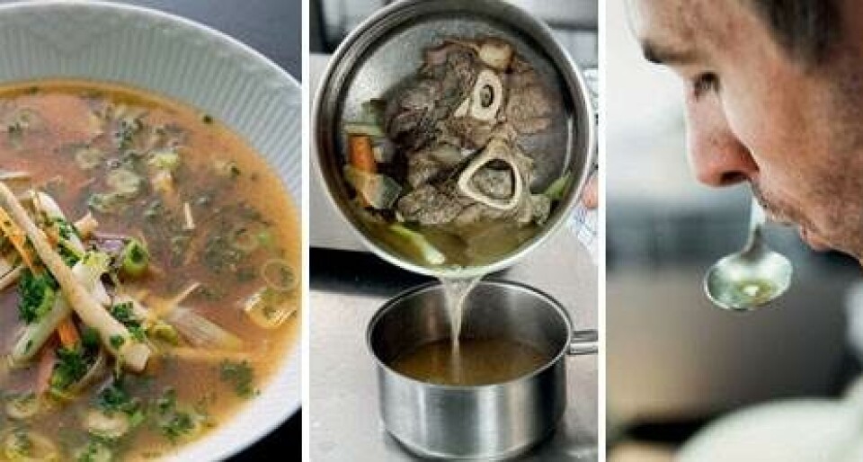 Klar varm suppe med kalveskank, rodfrugter og eddike
