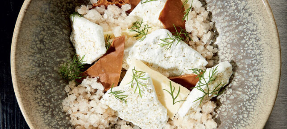 Citronmousse, tørret marengs med fennikel, hvid chokolade