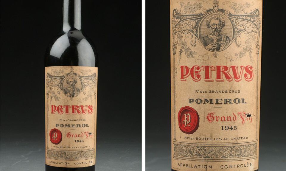 Denne flaske vin Château Pétrus, Pomerol, Bordeaux 1945, blev solgt som dyreste vin nogensinde i Danmark på Lauritz.com.