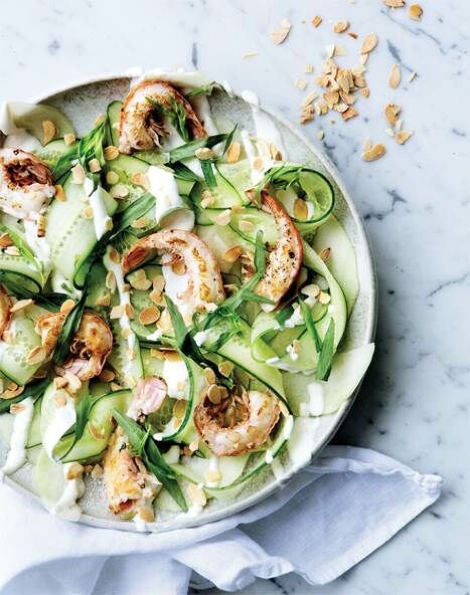 Melon-agurkesalat med grillet jomfruhummer